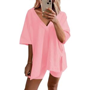 Ekouaer Womens Pajamas 2 Piece Lounge Sets Oversized V Neck T-Shirts Tops Biker Shorts Set Workout Reversible Tracksuit S-XXL(Orange Pink)