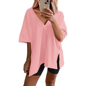 Ekouaer Womens Pajamas 2 Piece Lounge Sets Oversized V Neck T-Shirts Tops Biker Shorts Set Workout Reversible Tracksuit S-XXL(Orange Pink/Black)