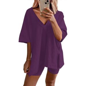 Ekouaer Womens Pajamas 2 Piece Lounge Sets Oversized V Neck T-Shirts Tops Biker Shorts Set Workout Reversible Tracksuit S-XXL(Purple)