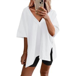 Ekouaer Womens Pajamas 2 Piece Lounge Sets Oversized V Neck T-Shirts Tops Biker Shorts Set Workout Reversible Tracksuit S-XXL(White)