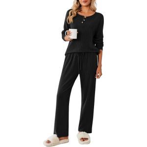 Ekouaer Womens Pajamas Set 2 Piece Lounge Sets Ribbed Knit Button Down Pjs Set Fleece Long Sleeve Sleepwear(Black)
