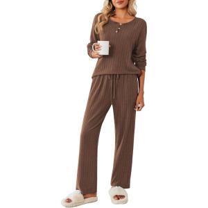 Ekouaer Womens Pajamas Set 2 Piece Lounge Sets Ribbed Knit Button Down Pjs Set Fleece Long Sleeve Sleepwear(Brown)