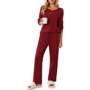 Ekouaer Womens Pajamas Set 2 Piece Lounge Sets Ribbed Knit Button Down Pjs Set Fleece Long Sleeve Sleepwear(Burgundy)