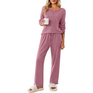 Ekouaer Womens Pajamas Set 2 Piece Lounge Sets Ribbed Knit Button Down Pjs Set Fleece Long Sleeve Sleepwear(Dusty Rose)