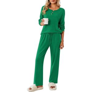 Ekouaer Womens Pajamas Set 2 Piece Lounge Sets Ribbed Knit Button Down Pjs Set Fleece Long Sleeve Sleepwear(Forest Green)