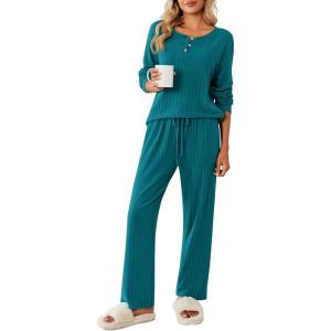 Ekouaer Womens Pajamas Set 2 Piece Lounge Sets Ribbed Knit Button Down Pjs Set Fleece Long Sleeve Sleepwear(Green)