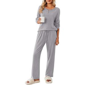 Ekouaer Womens Pajamas Set 2 Piece Lounge Sets Ribbed Knit Button Down Pjs Set Fleece Long Sleeve Sleepwear(Heather Gray)
