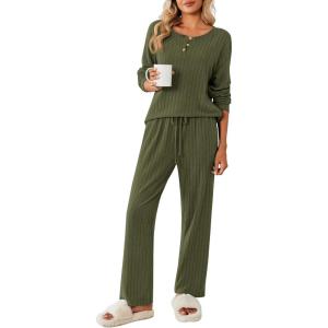 Ekouaer Womens Pajamas Set 2 Piece Lounge Sets Ribbed Knit Button Down Pjs Set Fleece Long Sleeve Sleepwear(Sage Green)
