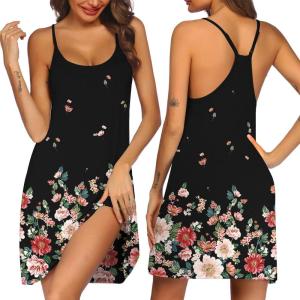 Ekouaer Women’s Racerback Sleeveless Nightgown(Black Flower)