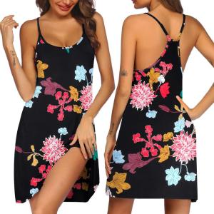 Ekouaer Women’s Racerback Sleeveless Nightgown(Black Red Flower)