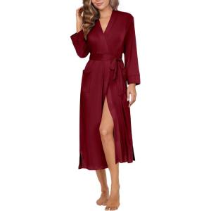 Ekouaer Womens Robe Long Knit Kimono Bathrobe Lightweight Sleepwear Soft Ladies Loungewear with Pockets, S-XXL(Burgundy)