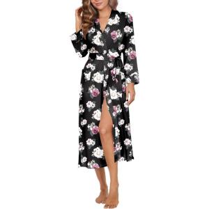 Ekouaer Womens Robe Long Knit Kimono Bathrobe Lightweight Sleepwear Soft Ladies Loungewear with Pockets, S-XXL(Floral Black)