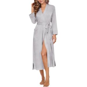 Ekouaer Womens Robe Long Knit Kimono Bathrobe Lightweight Sleepwear Soft Ladies Loungewear with Pockets, S-XXL(Light Gray)