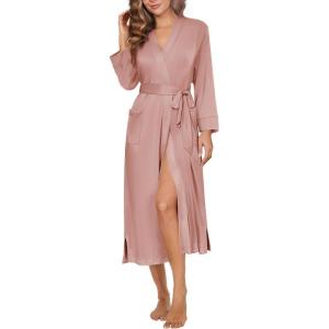 Ekouaer Womens Robe Long Knit Kimono Bathrobe Lightweight Sleepwear Soft Ladies Loungewear with Pockets, S-XXL(Pink)