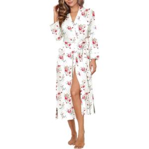 Ekouaer Womens Robe Long Knit Kimono Bathrobe Lightweight Sleepwear Soft Ladies Loungewear with Pockets, S-XXL(White Red Flowers)