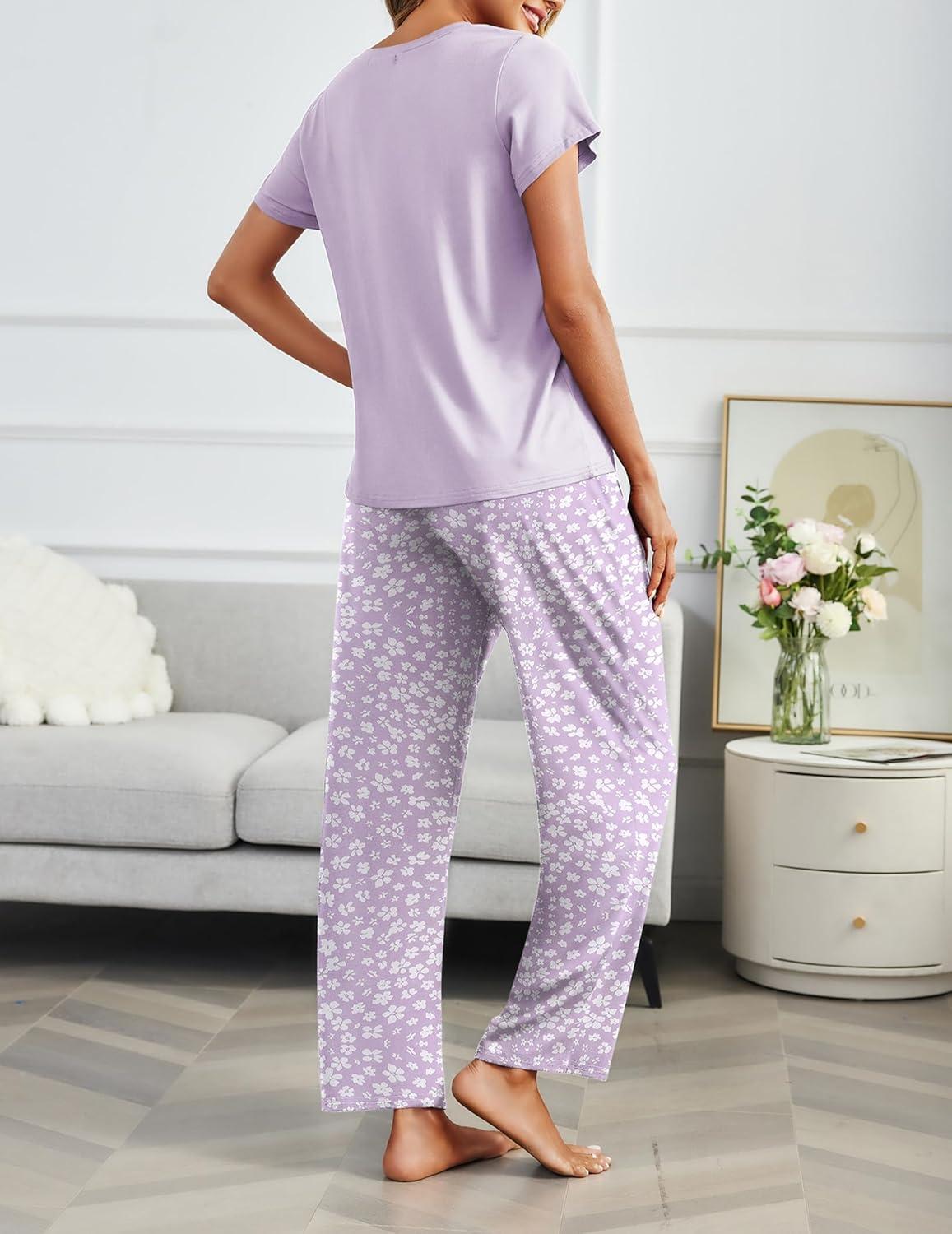 imageEkouaer 2 Pack Pajamas for Women Set Short Sleeve Sleepwear Top and Pants Pjs Soft Printed Lounge Sets with PocketsPurple FlowerLight Blue Plaid