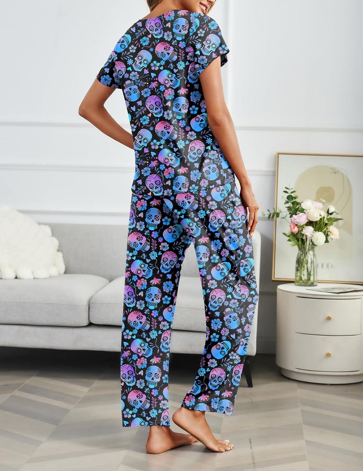 imageEkouaer 2 Pack Pajamas for Women Set Short Sleeve Sleepwear Top and Pants Pjs Soft Printed Lounge Sets with PocketsSkullHalloween
