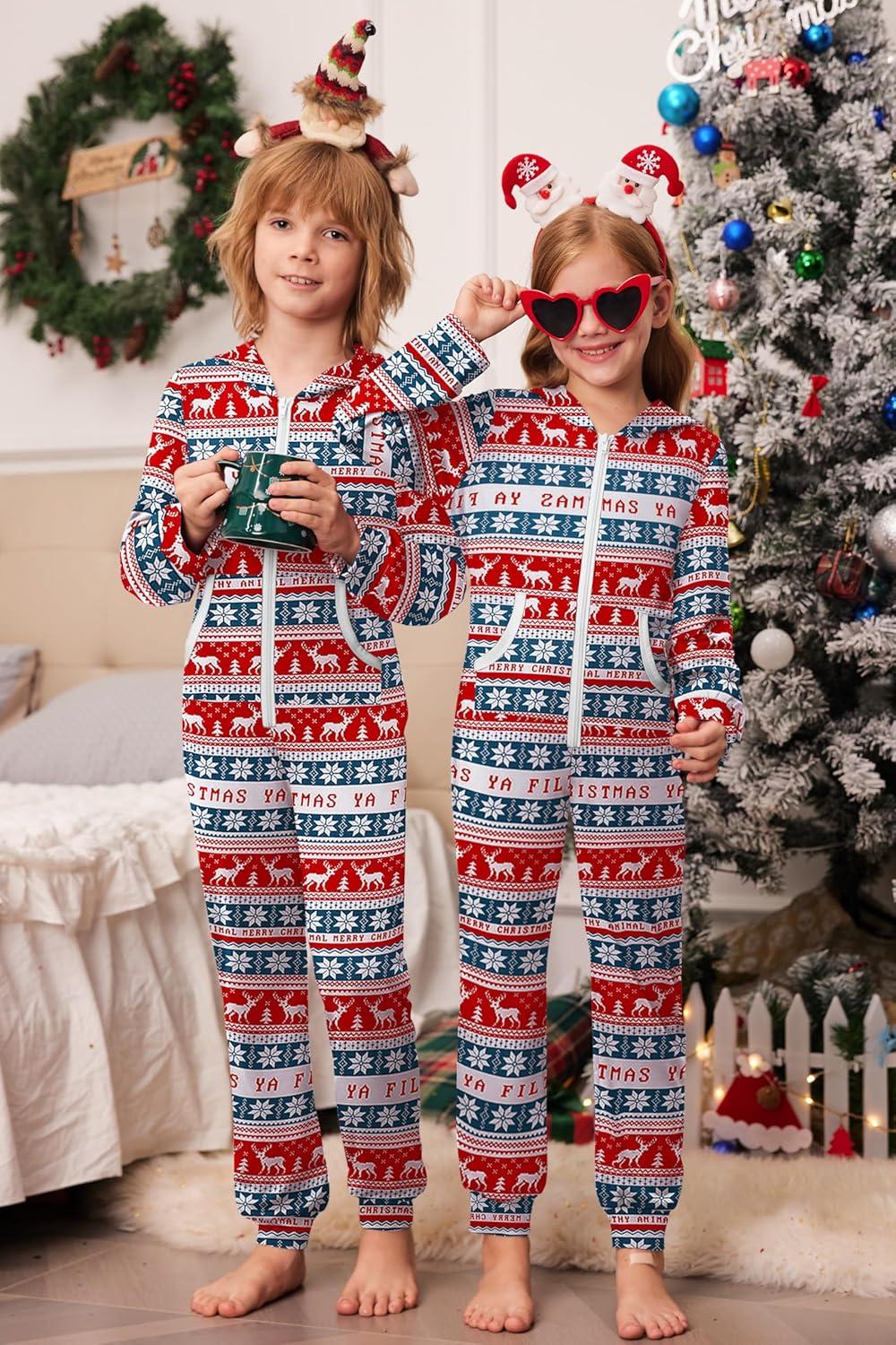 imageEkouaer Christmas Matching Family Onesie Pajamas Hoodie One Piece Pajamas Zipper Thermal Sleepwear with Pockets Family Christmas Deer Print Men M