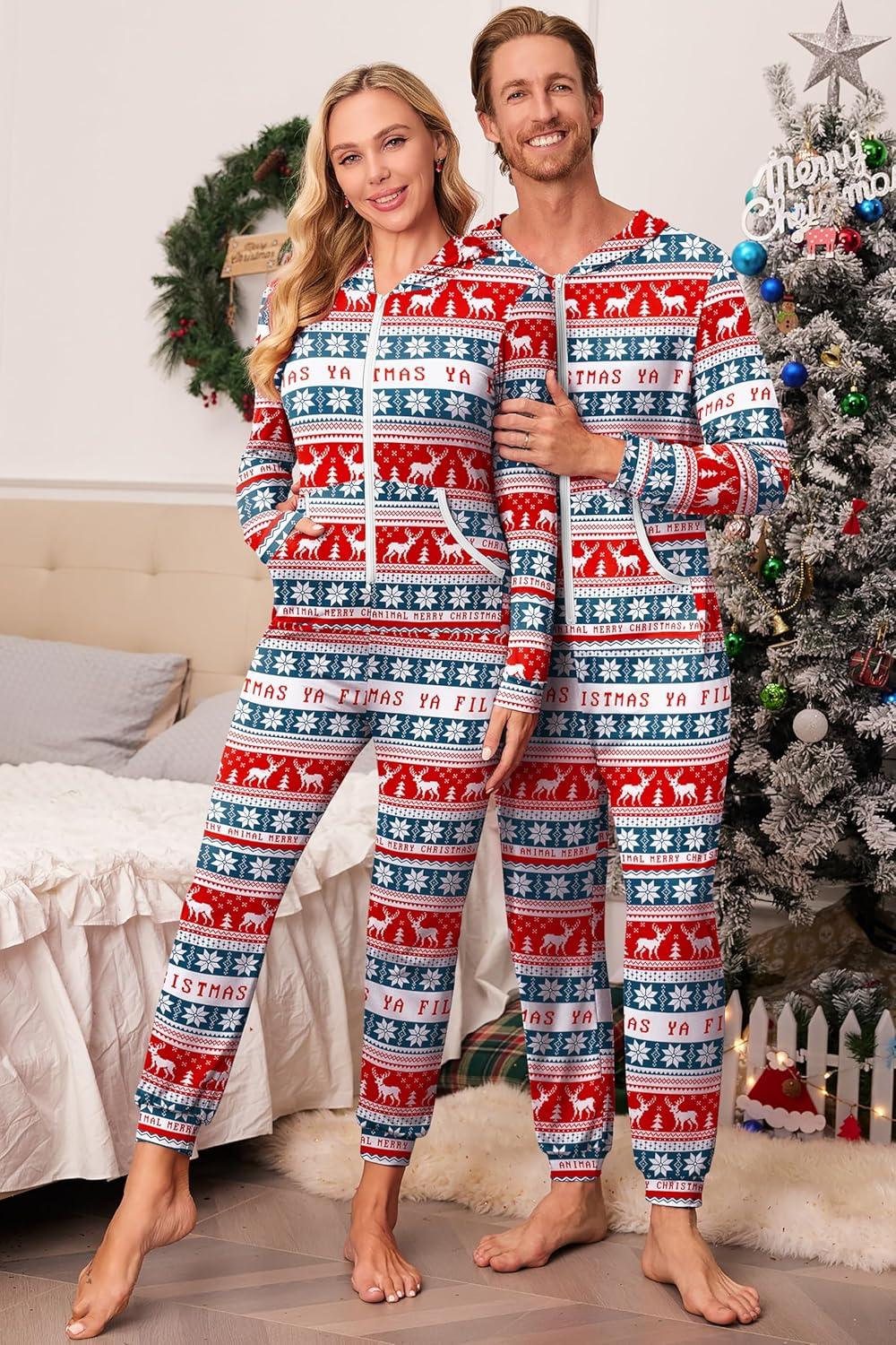 imageEkouaer Christmas Matching Family Onesie Pajamas Hoodie One Piece Pajamas Zipper Thermal Sleepwear with Pockets Family Christmas Deer Print Men M