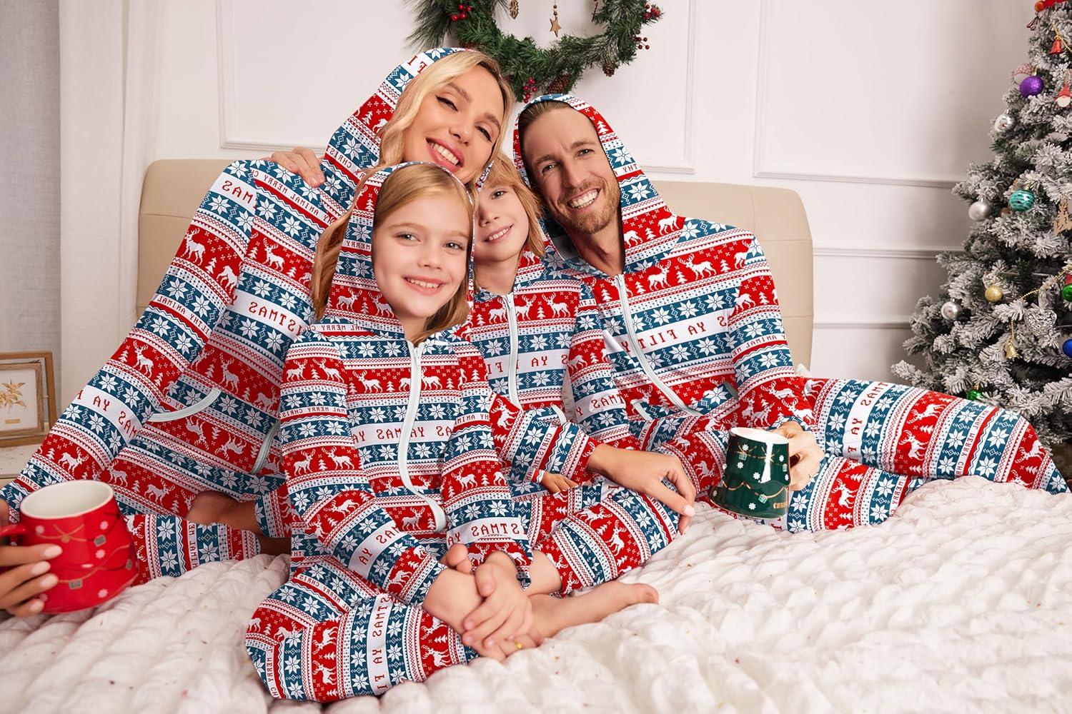 imageEkouaer Christmas Matching Family Onesie Pajamas Hoodie One Piece Pajamas Zipper Thermal Sleepwear with Pockets Family Christmas Deer Print Men M