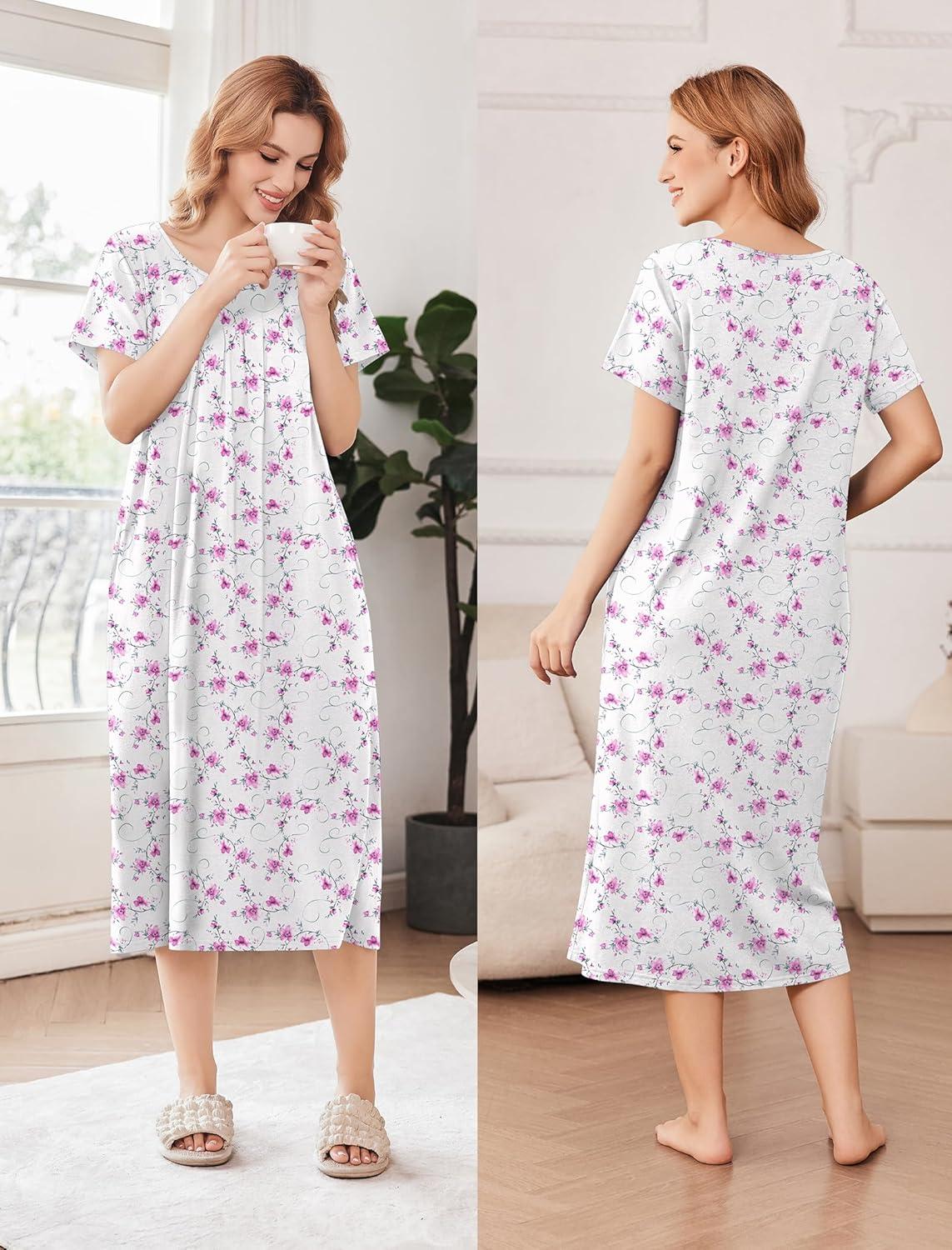 imageEkouaer Cotton Nightgowns for Women Long House Dresses with Pockets Plus Size Night Gowns Short Sleeve Night Shirts S3XLWatercolor Flowers Pink