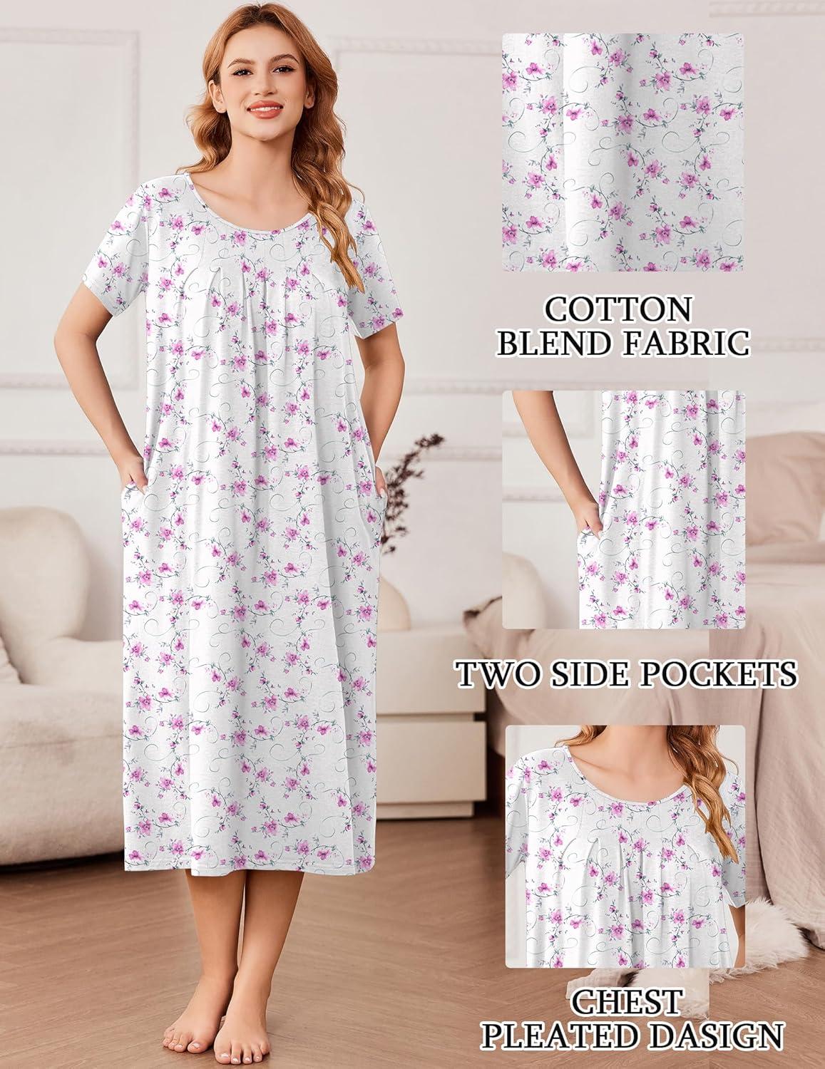 imageEkouaer Cotton Nightgowns for Women Long House Dresses with Pockets Plus Size Night Gowns Short Sleeve Night Shirts S3XLWatercolor Flowers Pink