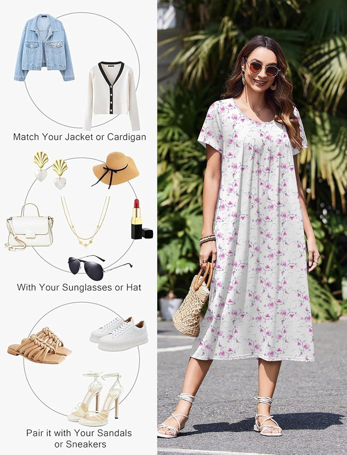 imageEkouaer Cotton Nightgowns for Women Long House Dresses with Pockets Plus Size Night Gowns Short Sleeve Night Shirts S3XLWatercolor Flowers Pink