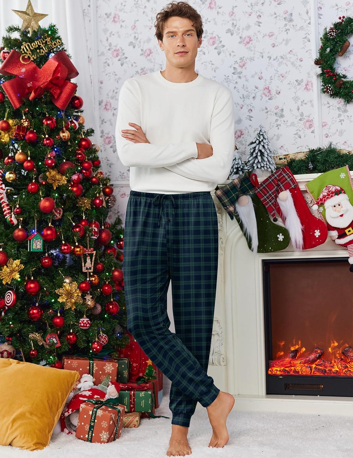imageEkouaer Mens Pajama Pants Lightweight Loungewear Comfy Jogger Sleep Pant Long Pj Bottoms with Drawstring amp Pockets2 Packgreenblue Plaid