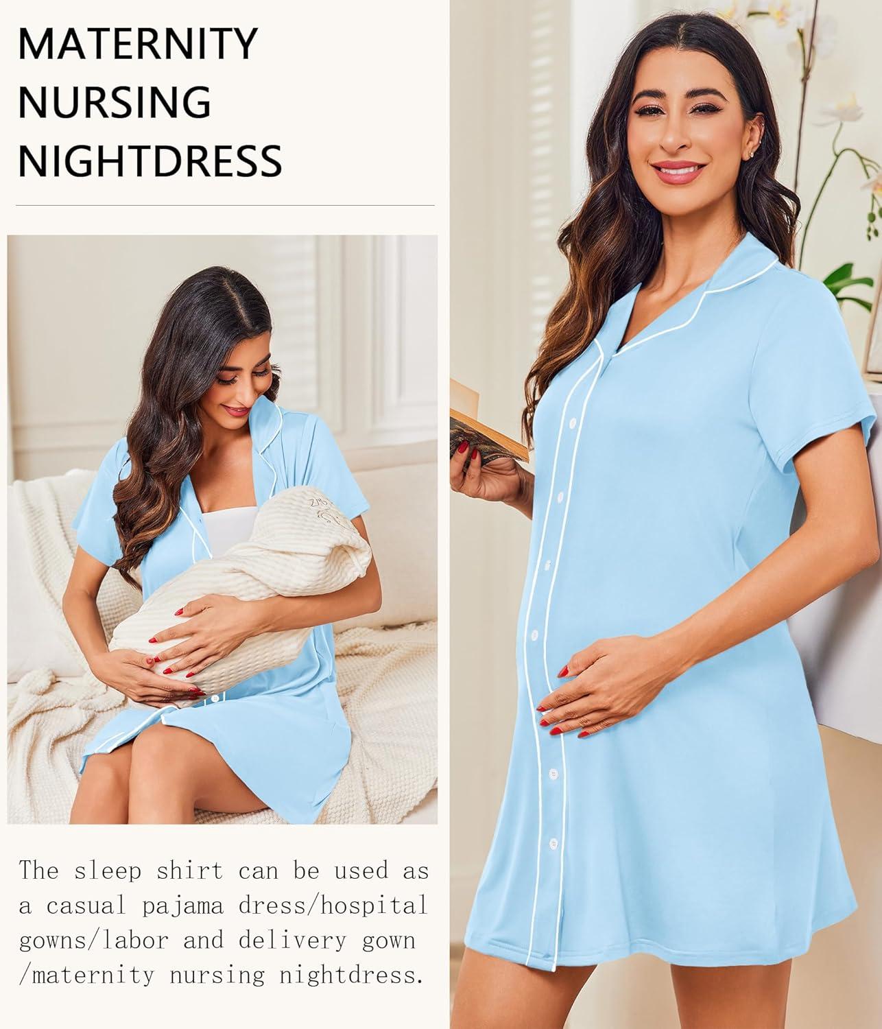 imageEkouaer Nightgowns for Women Button Down Night Gowns Short Sleeve Night Dress Notch Collar Sleep Shirt Pajama Dress S3XLLight Blue