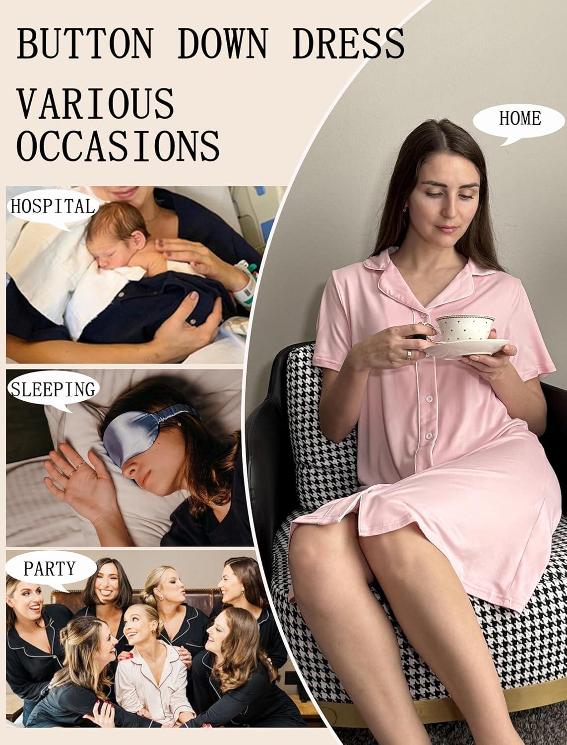 imageEkouaer Nightgowns for Women Button Down Night Gowns Short Sleeve Night Dress Notch Collar Sleep Shirt Pajama Dress S3XLRose Red