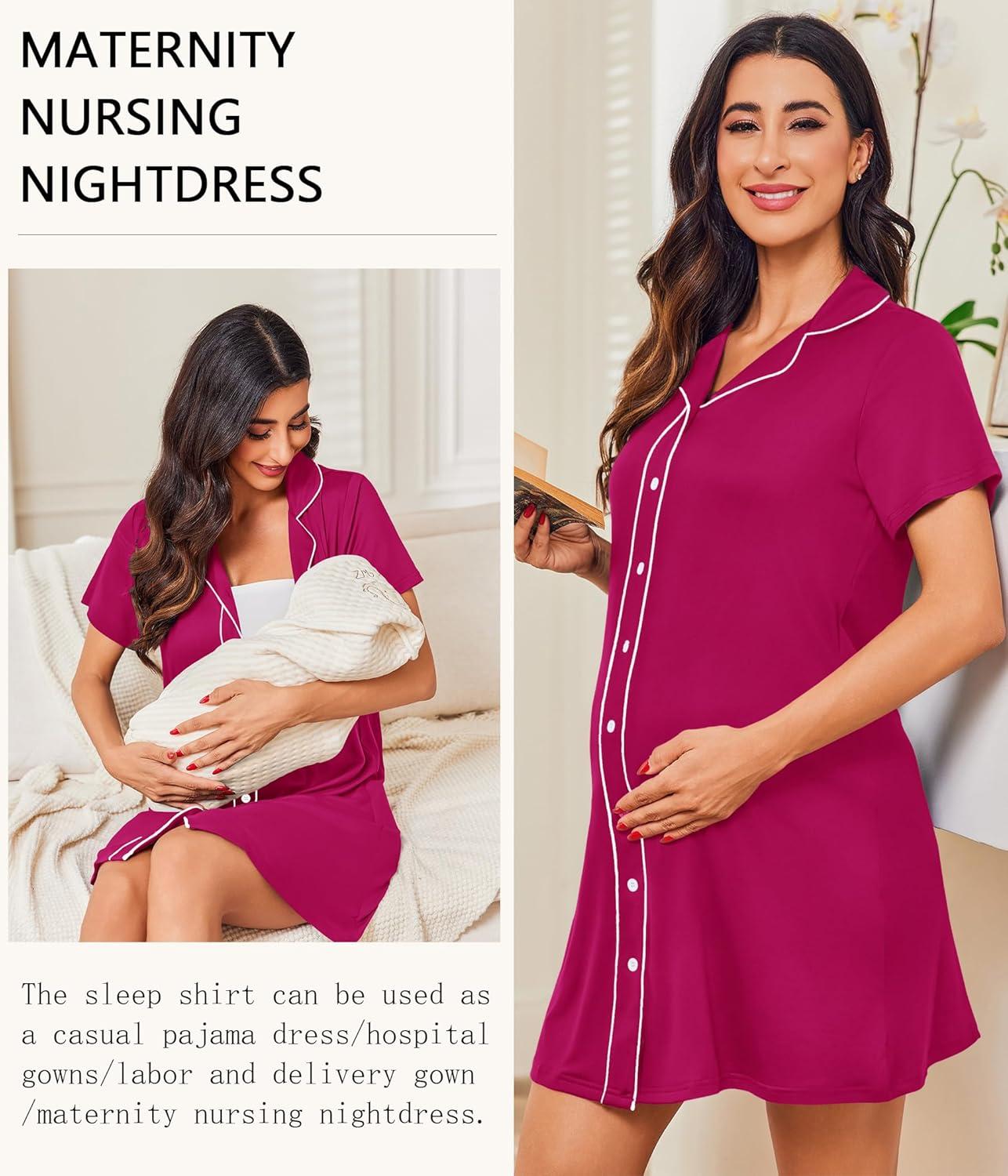 imageEkouaer Nightgowns for Women Button Down Night Gowns Short Sleeve Night Dress Notch Collar Sleep Shirt Pajama Dress S3XLRose Red