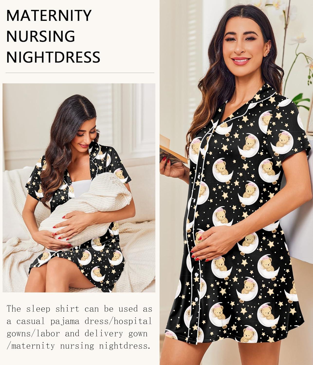 imageEkouaer Nightgowns for Women Button Down Night Gowns Short Sleeve Night Dress Notch Collar Sleep Shirt Pajama Dress S3XLStar Moon Teddy
