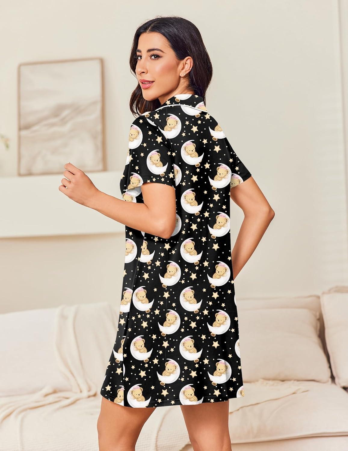 imageEkouaer Nightgowns for Women Button Down Night Gowns Short Sleeve Night Dress Notch Collar Sleep Shirt Pajama Dress S3XLStar Moon Teddy