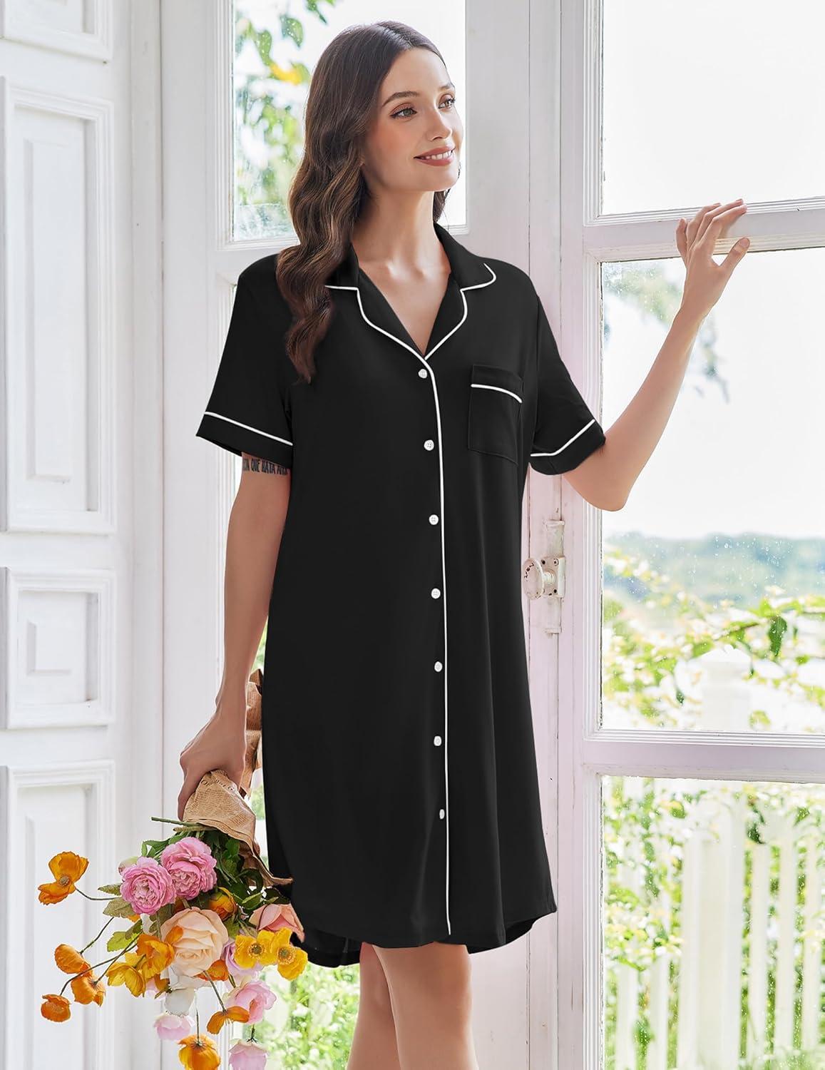 imageEkouaer Nightgowns for Women Button Down Sleep Shirts Short Sleeve Nightshirt Classic Pajama Dress Soft Sleepwear SXXXLBlack