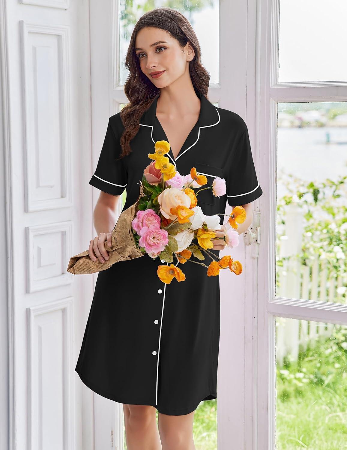 imageEkouaer Nightgowns for Women Button Down Sleep Shirts Short Sleeve Nightshirt Classic Pajama Dress Soft Sleepwear SXXXLBlack