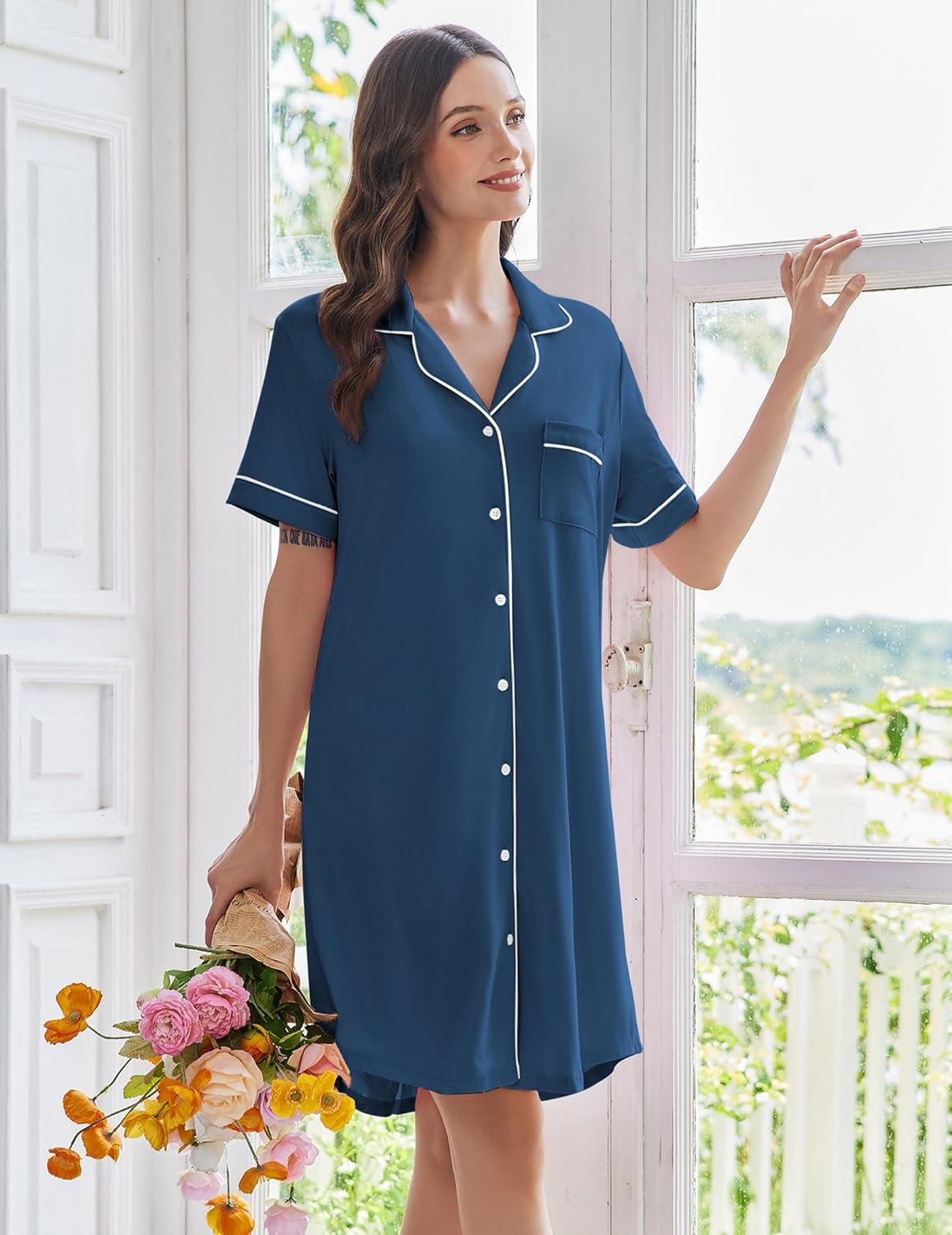 imageEkouaer Nightgowns for Women Button Down Sleep Shirts Short Sleeve Nightshirt Classic Pajama Dress Soft Sleepwear SXXXLDeep Blue