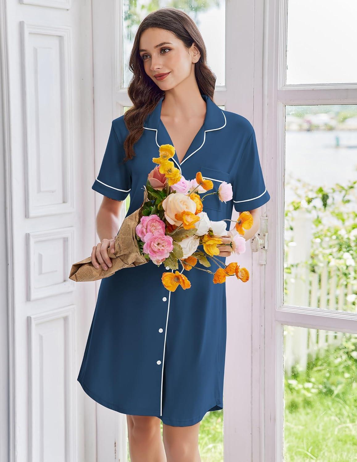 imageEkouaer Nightgowns for Women Button Down Sleep Shirts Short Sleeve Nightshirt Classic Pajama Dress Soft Sleepwear SXXXLDeep Blue