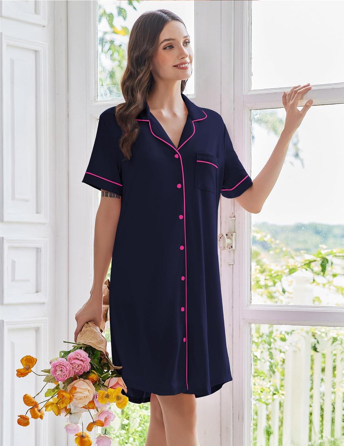 imageEkouaer Nightgowns for Women Button Down Sleep Shirts Short Sleeve Nightshirt Classic Pajama Dress Soft Sleepwear SXXXLNavy Blue