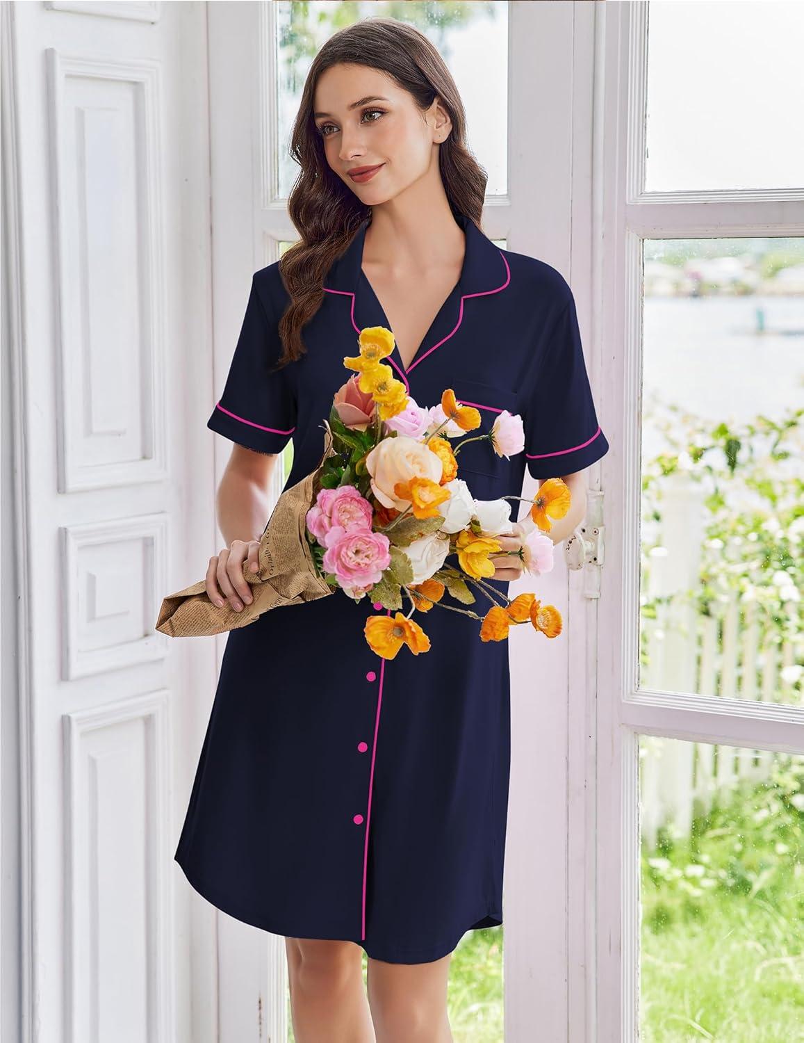 imageEkouaer Nightgowns for Women Button Down Sleep Shirts Short Sleeve Nightshirt Classic Pajama Dress Soft Sleepwear SXXXLNavy Blue