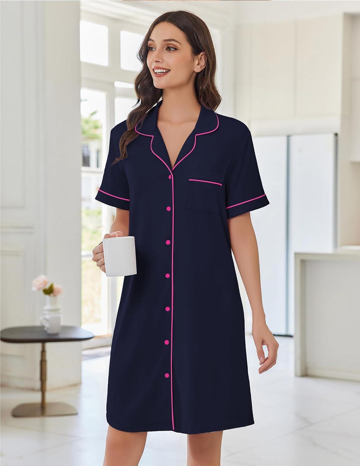 imageEkouaer Nightgowns for Women Button Down Sleep Shirts Short Sleeve Nightshirt Classic Pajama Dress Soft Sleepwear SXXXLNavy Blue