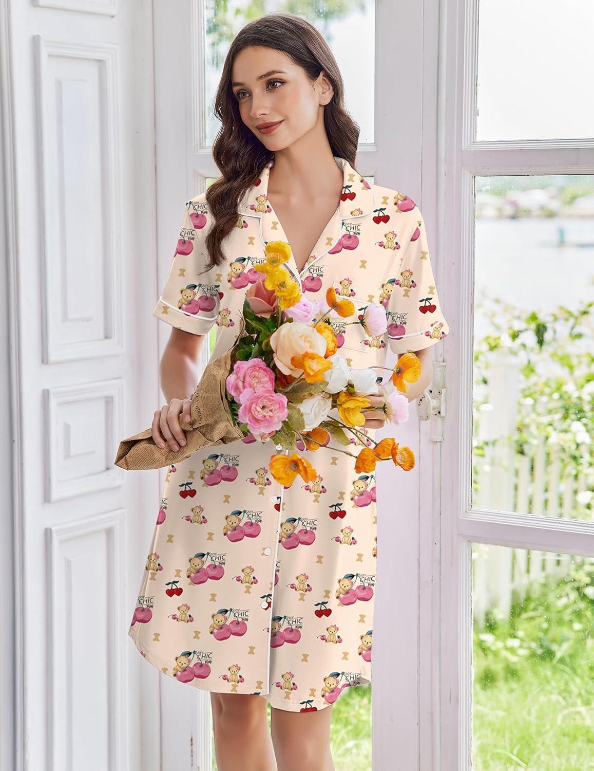 imageEkouaer Nightgowns for Women Button Down Sleep Shirts Short Sleeve Nightshirt Classic Pajama Dress Soft Sleepwear SXXXLTeddy Bear Cherry