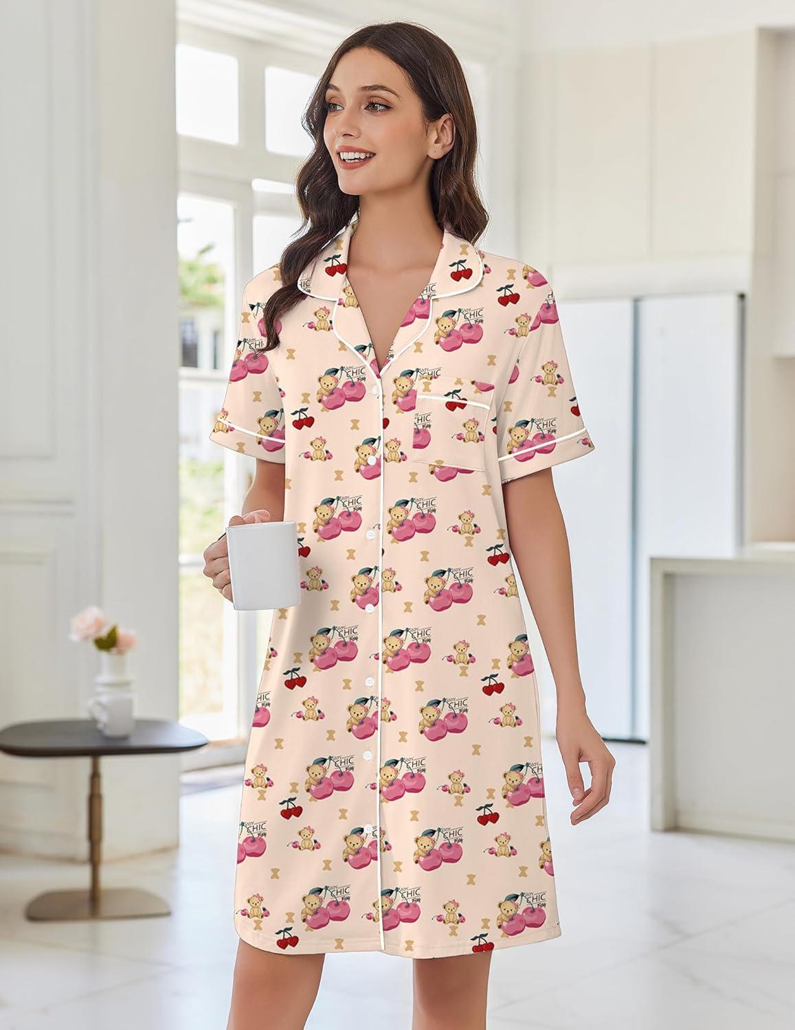 imageEkouaer Nightgowns for Women Button Down Sleep Shirts Short Sleeve Nightshirt Classic Pajama Dress Soft Sleepwear SXXXLTeddy Bear Cherry