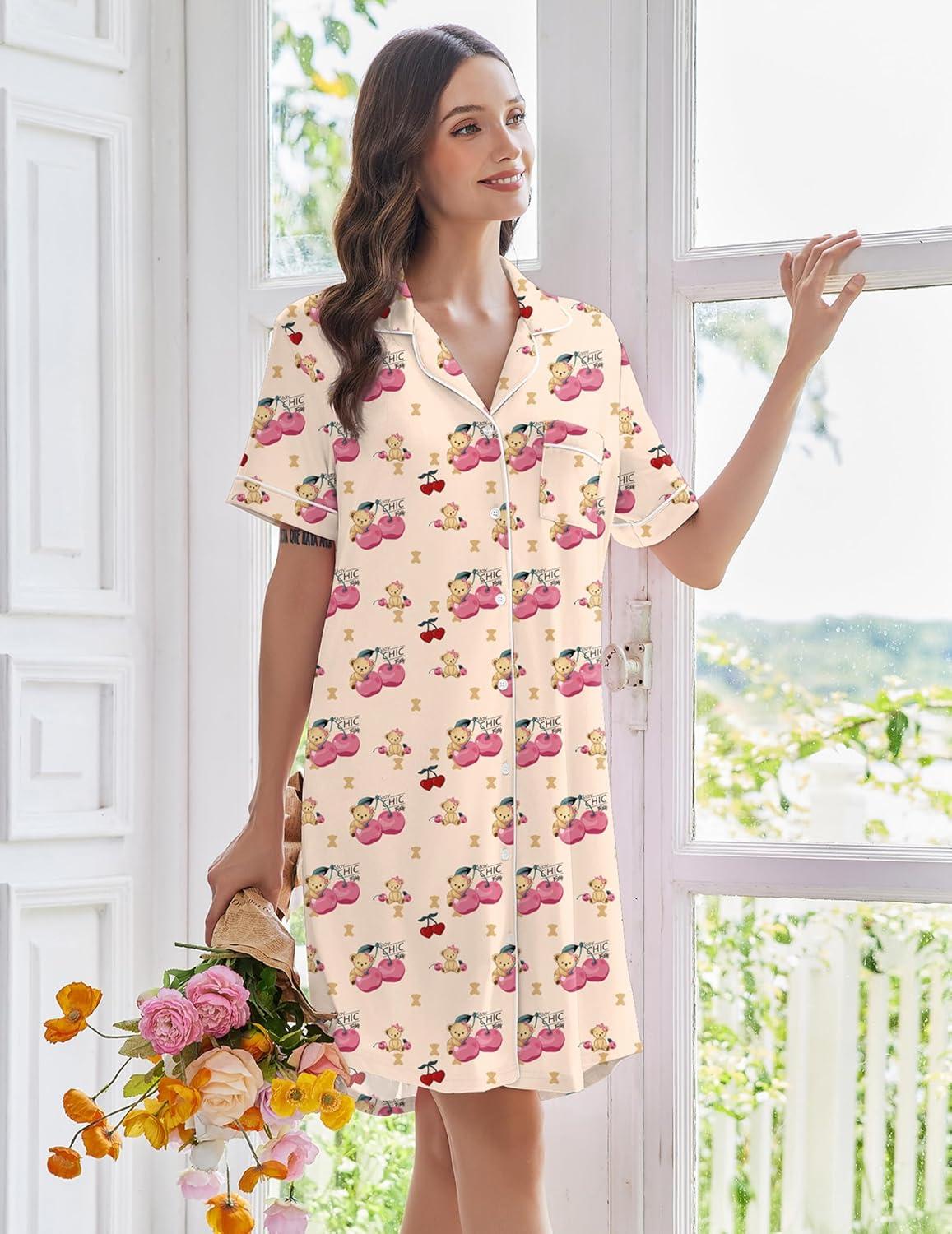 imageEkouaer Nightgowns for Women Button Down Sleep Shirts Short Sleeve Nightshirt Classic Pajama Dress Soft Sleepwear SXXXLTeddy Bear Cherry