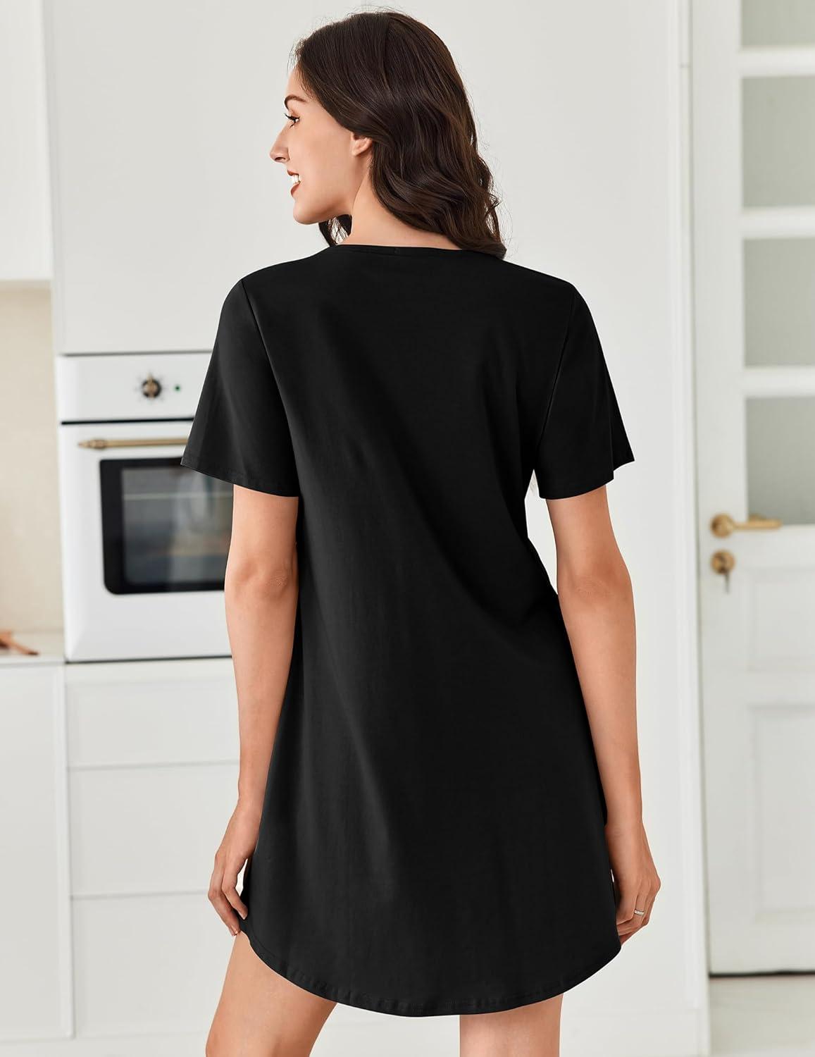 imageEkouaer Nightgowns for Women Cotton Night Gowns Pleated Nightshirts Henley V Neck Sleepshirts Short Sleeve SleepwearBlack