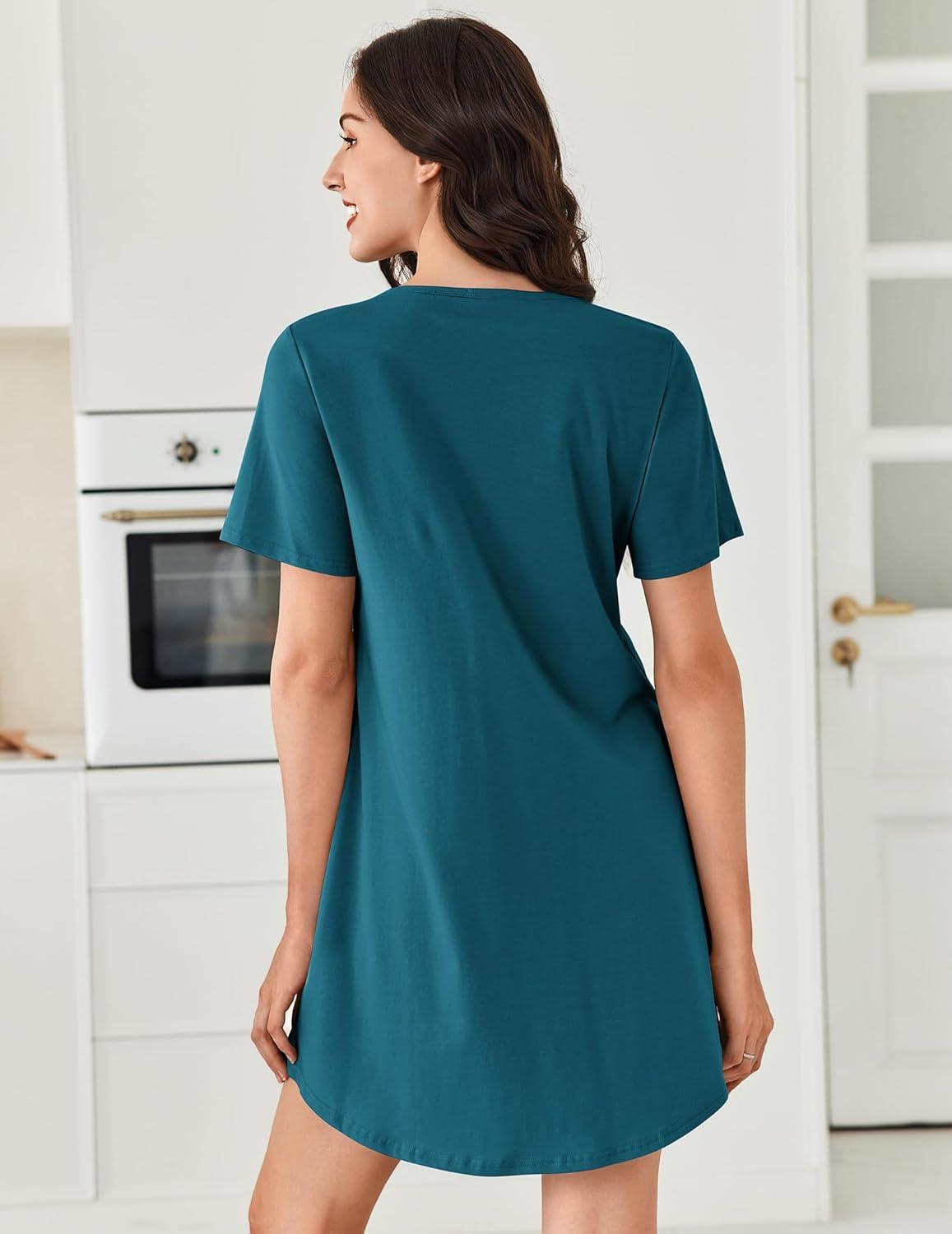imageEkouaer Nightgowns for Women Cotton Night Gowns Pleated Nightshirts Henley V Neck Sleepshirts Short Sleeve SleepwearBlue Green