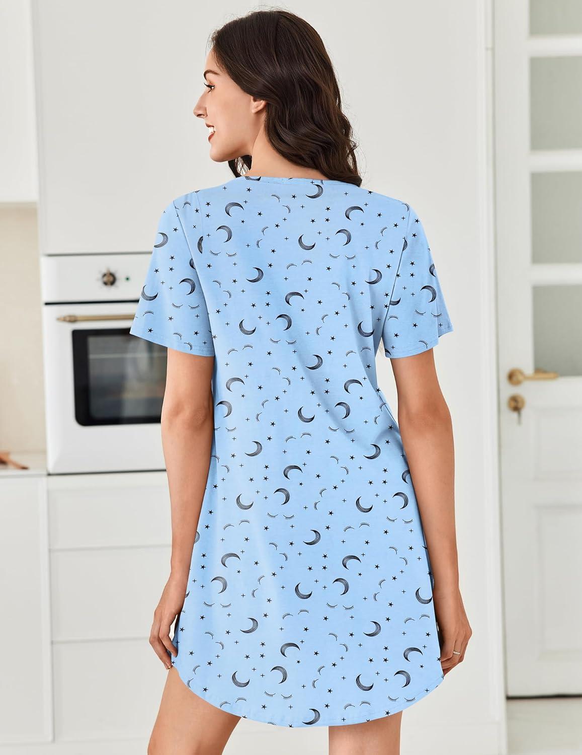 imageEkouaer Nightgowns for Women Cotton Night Gowns Pleated Nightshirts Henley V Neck Sleepshirts Short Sleeve SleepwearBlue Star Moon