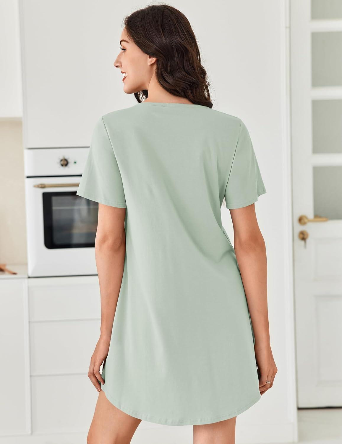 imageEkouaer Nightgowns for Women Cotton Night Gowns Pleated Nightshirts Henley V Neck Sleepshirts Short Sleeve SleepwearLight Green