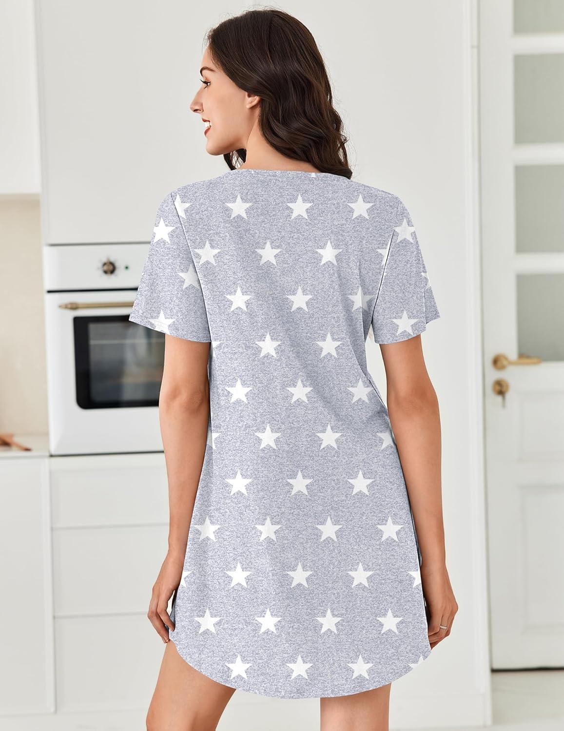 imageEkouaer Nightgowns for Women Cotton Night Gowns Pleated Nightshirts Henley V Neck Sleepshirts Short Sleeve SleepwearLight Grey Stars