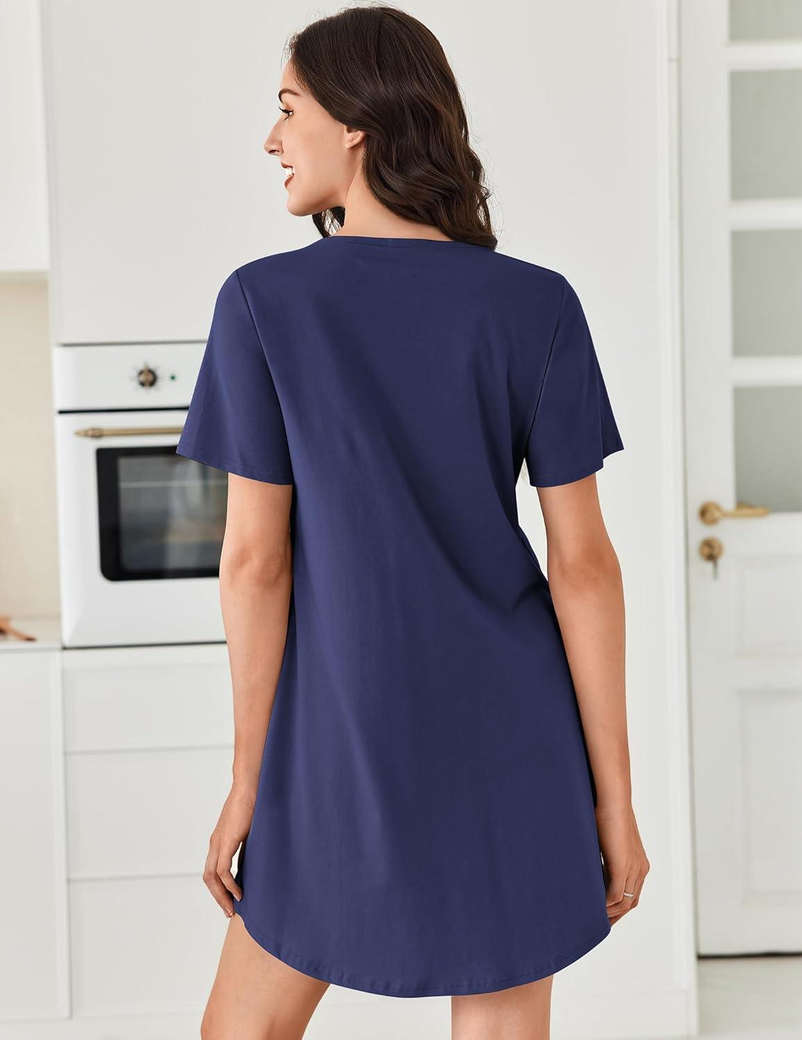 imageEkouaer Nightgowns for Women Cotton Night Gowns Pleated Nightshirts Henley V Neck Sleepshirts Short Sleeve SleepwearNavy Blue