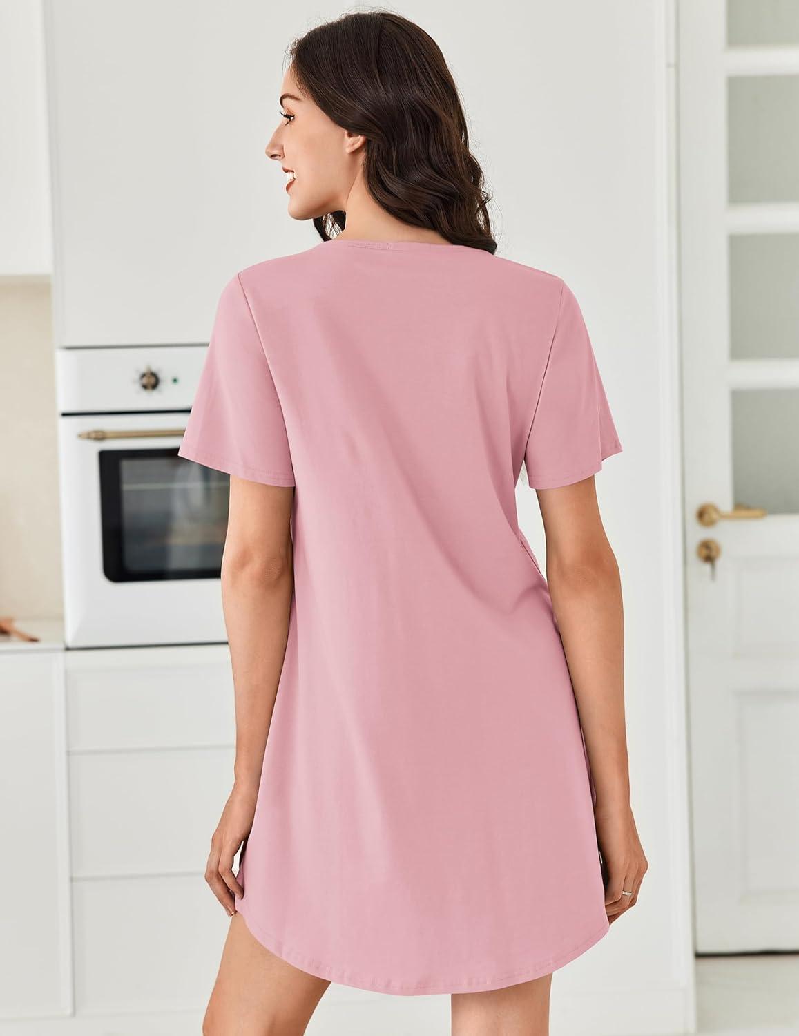 imageEkouaer Nightgowns for Women Cotton Night Gowns Pleated Nightshirts Henley V Neck Sleepshirts Short Sleeve SleepwearPink